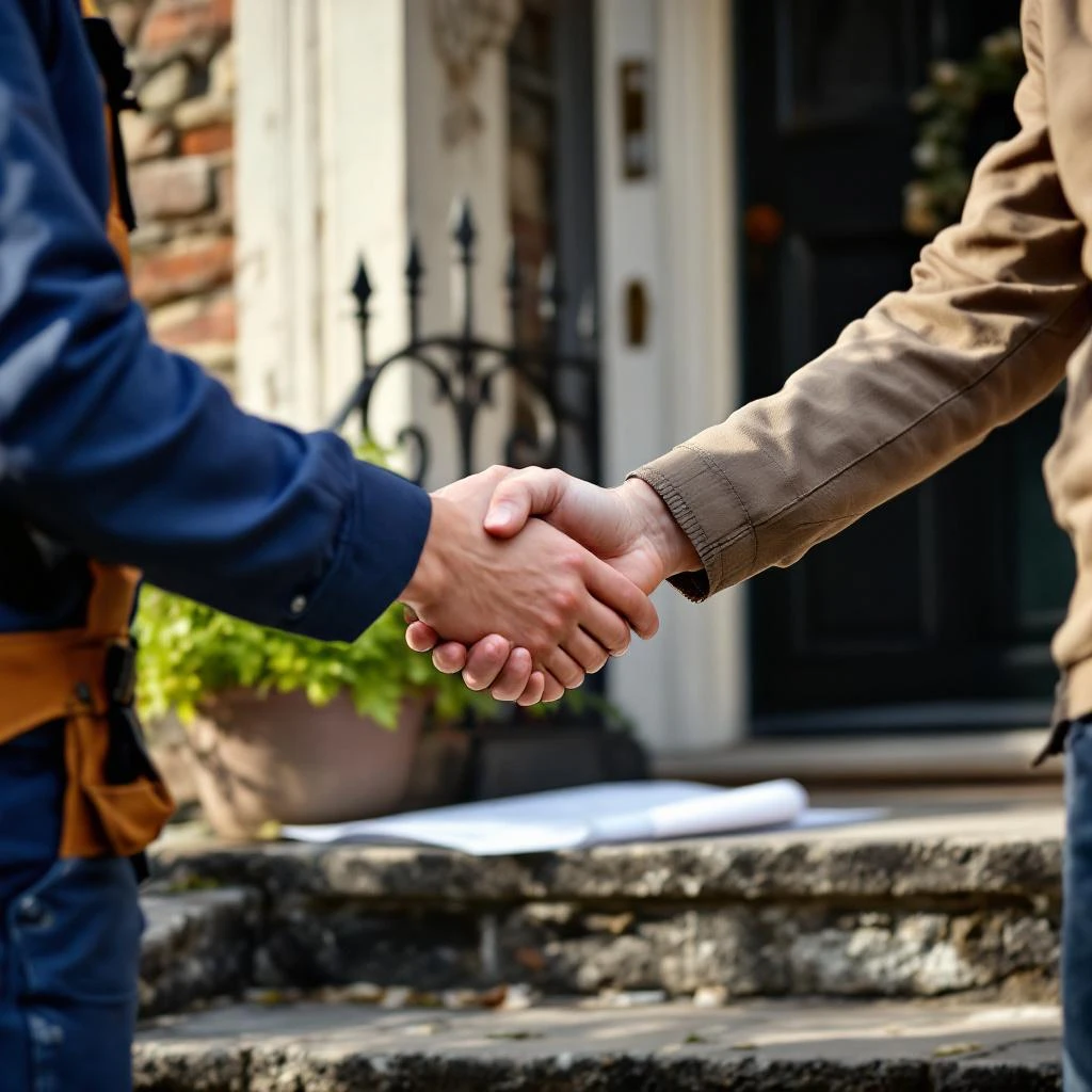 Handdruk bij ingang van Belgisch huis - akkoord tussen aannemer en huiseigenaar